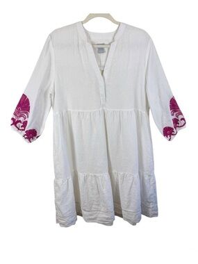 Chico's Linen White Tiered 3/4 Sleeve Pink Embroidery Dress Beachy Resort Wear L